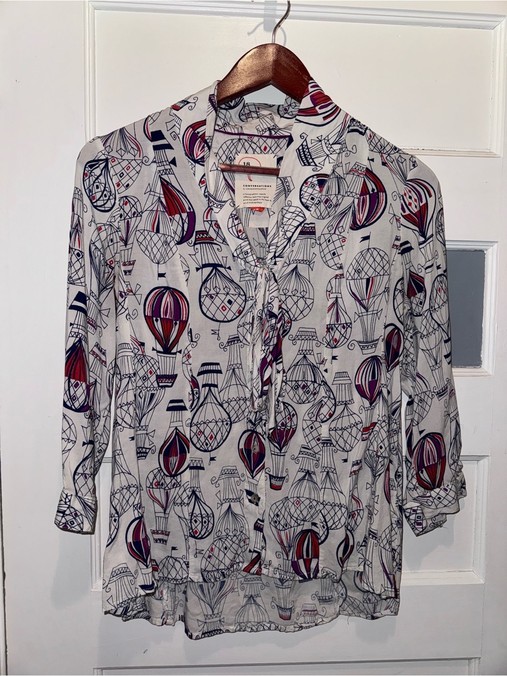 Anthropologie White Balloon-Print Tie-Neck Blouse with Red & Navy